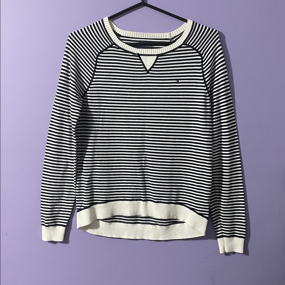 Tommy Hilfiger Navy and White Pima Cotton Striped Sweater Size S